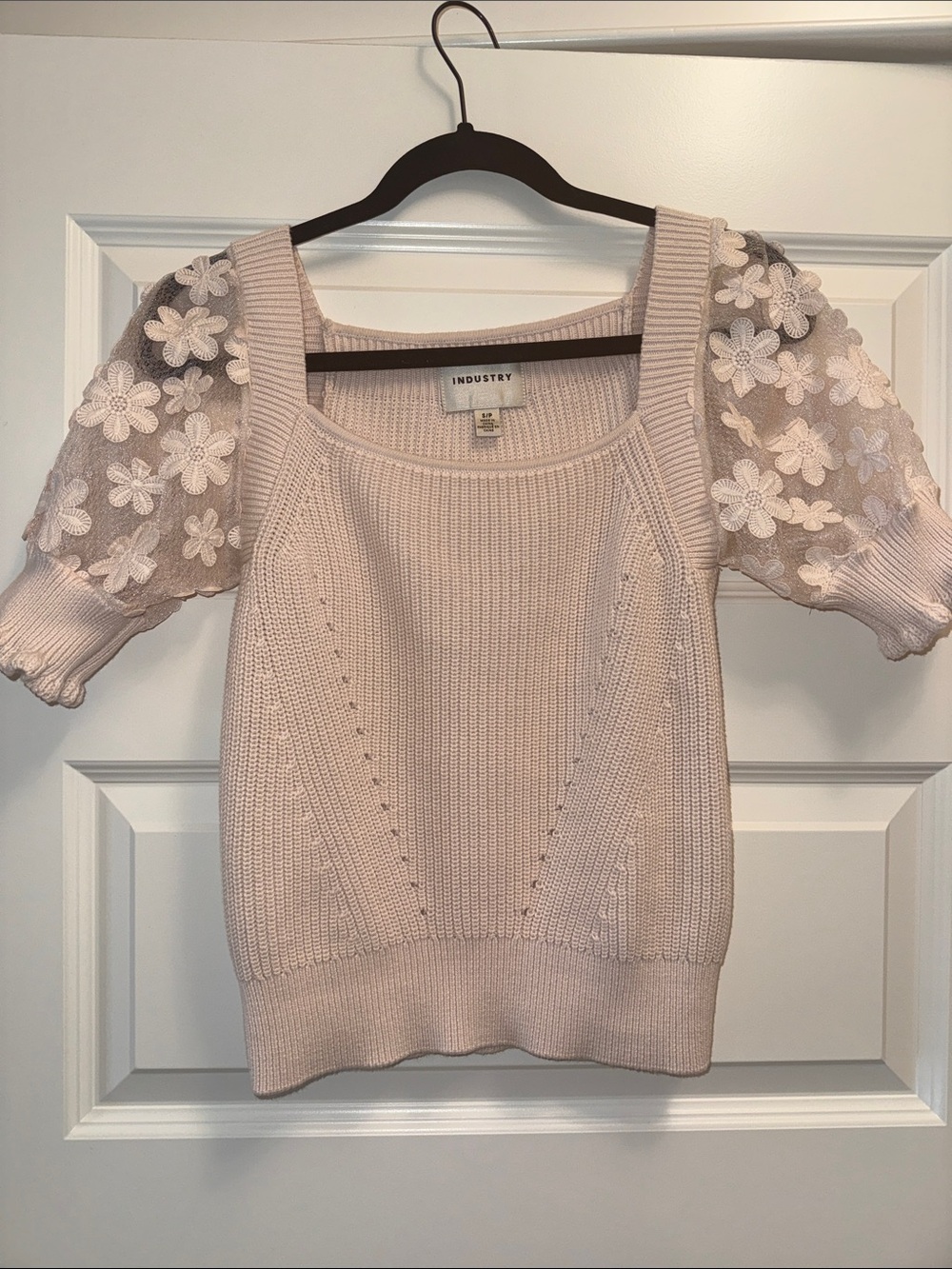 INDUSTRY Blush Pink Knit Top with Floral Mesh Puff Sleeves